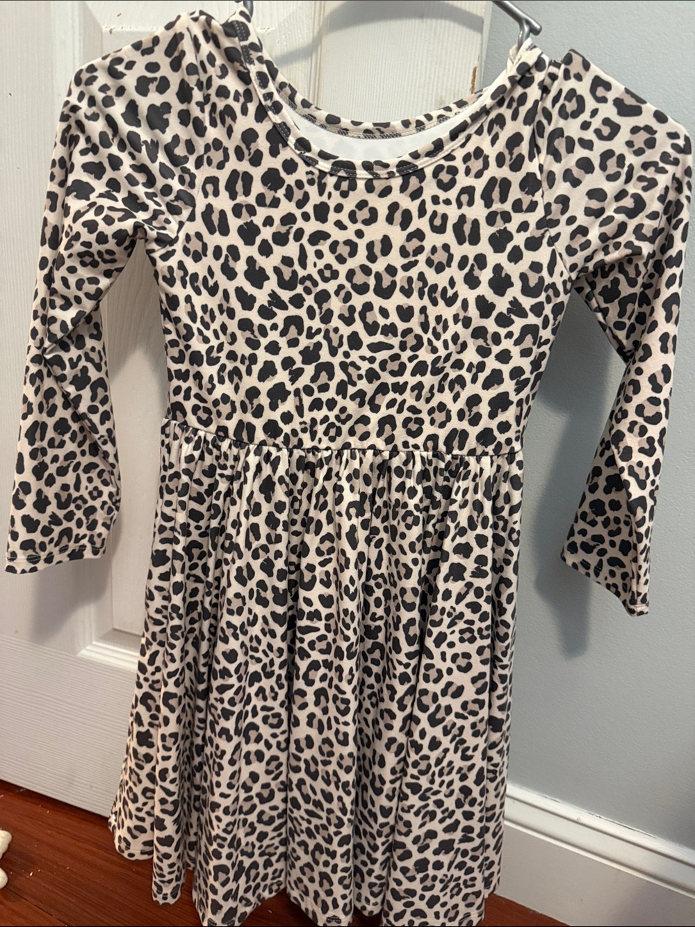Girls Long Sleeve Leopard-Print Dress in Cream and Black